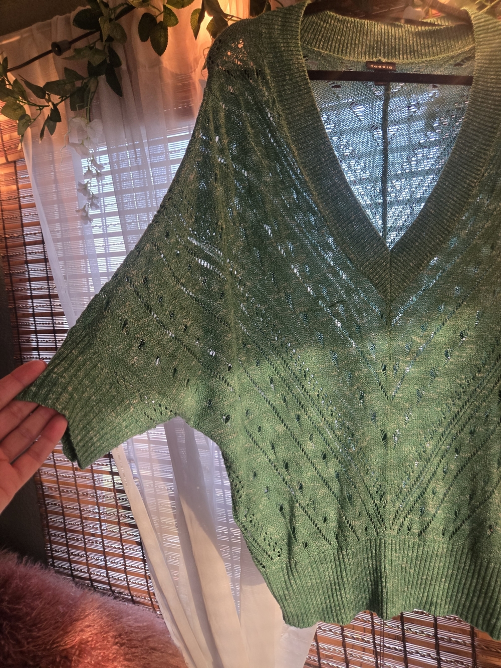 Green Openwork V-Neck Sweater Top